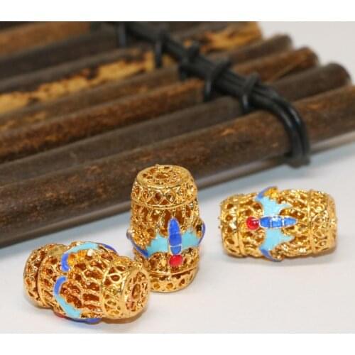 New fashion 5pcs 10*16mm barrel shape gold-color cloisonne carved flower accessories spacer beads charms jewelry findings B2401