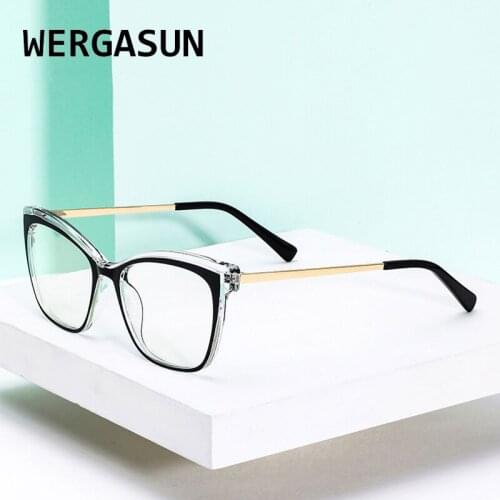 WERGASUN Fashion Vintage Cat Eye Glasses Frame Women Square Eyeglasses Optical Plastic Clear Lens Myopia Glasses Unisex Eyewear