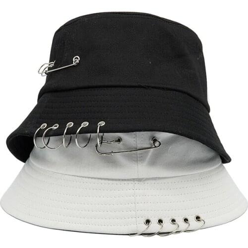 Bucket-Hats Punk Black Solid Iron Pin Rings Personality Fisherman Cat Cotton Women Men Hip Hop Panama Hat 2021 New