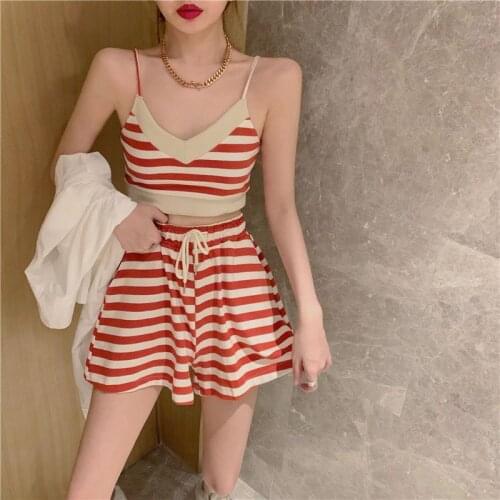 Casual Sports Suit Women Summer Chic Striped Camisole Breathable Loose High Waist Wide Leg Shorts Fitness Exercise Two-piece Set