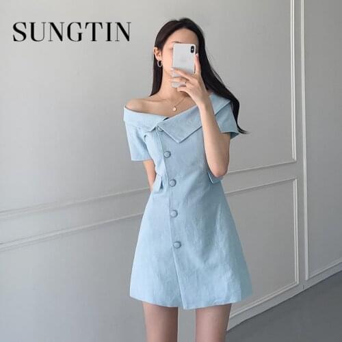 Sungtin Strapless Button Black Dress Women Summer Mini Short White Dress Elegant Korean Casual Solid A Line Bodycon Dresses 2020