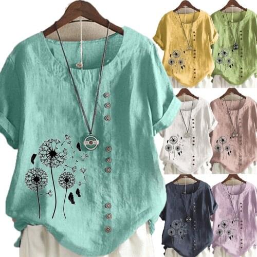 Women Casual Round Neck Short Sleeved Plus Size T-Shirt Loose Summer Fashion Blouse Plus Size Linen Shirt
