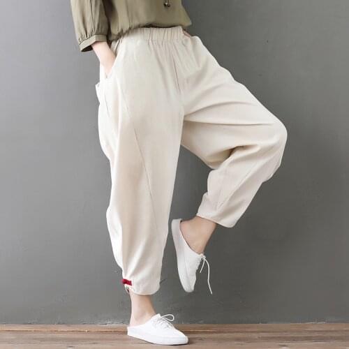 2021 New Arrival Summer Women Cotton Linen Button Ankle-length Pants Asymmetry Casual Loose Elastic Waist Harem Pants T12