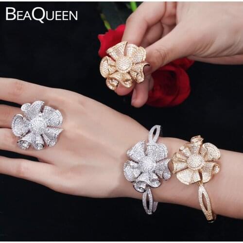 BeaQueen Luxury Big Geometry Flower Shiny AAA Cubic Zirconia Micro Pave Women Dubai Bracelet Bangle and Ring Jewelry Set JS187