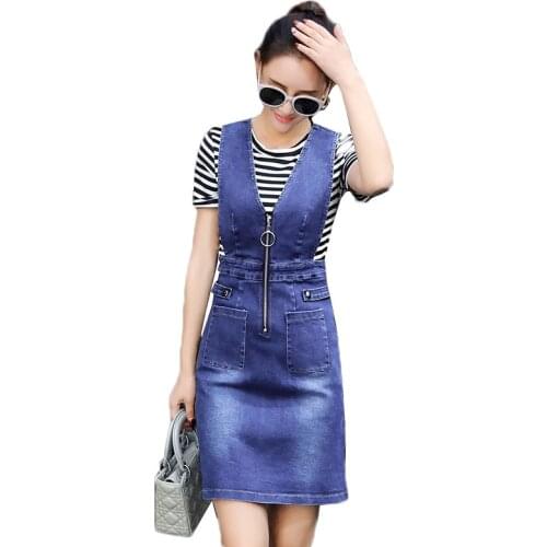 Women Denim Strap Dresses Sets 2020 New Summer T-shirt Tops +Sling Jeans Dress 2 Piece Set Loose Female Dress Overalls Suit Y126