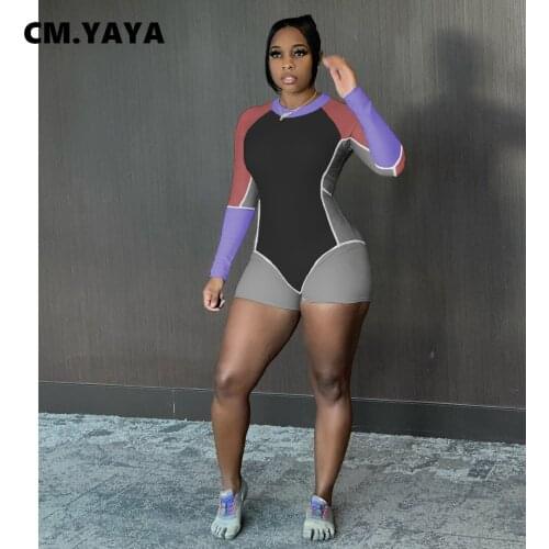 CM.YAYA Women Playsuit Patchwork Full Sleeve O-neck Stretchy Bodycon Playsuits Casual Rompers Fashion One Piece Overalls Summer