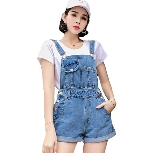 Short Denim Overalls Cotton Women Jumpsuit Romper High Waist Casual Fashion Jeans Playsuit Washed Pocket 2019 Summer Clothing