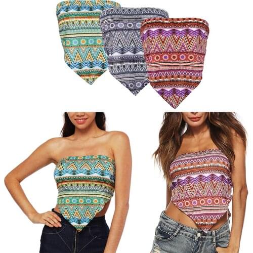 Boho Ladies Strapless Bandeau Ethnic Print Lace up Bowknot Tube Top Backless Wrap Tank Vest