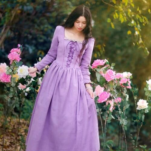 Original Design Women Spring Autumn Vintage Retro Square Collar Court Style Lace-Up Purple Dreams Tangled Princess Dress vestido