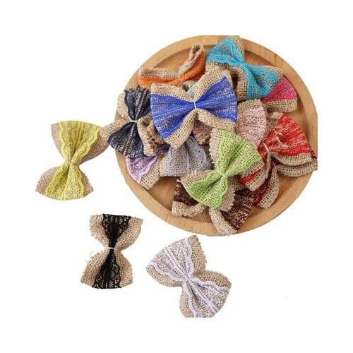 1pc Natural Jute Twine Bow Tie with lace Wedding Birthday Party Gift Packing String Bow-knot Wedding Decoration Craft Accessory