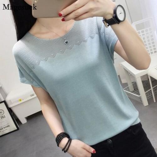 2021 Summer Pullover Women Blouses Casual Solid Loose Mesh Women Shirt Tops Short Sleeve Knitted Womens Blouses Blusas 3538 50