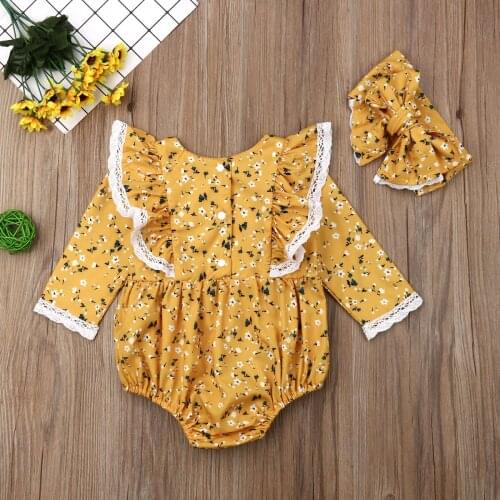 2020 Baby Spring Autumn Clothing Newborn Baby Girl Floral Bodysuit Headband Flower Ruffles Long Sleeve Jumpsuit 2Pcs Outfits Set