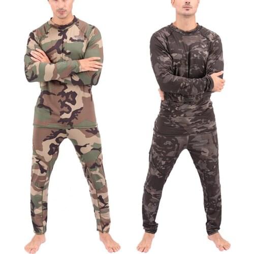 Men Camouflage Print Long Sleeve Top Pants Outfit Winter Thermal Underwear Set