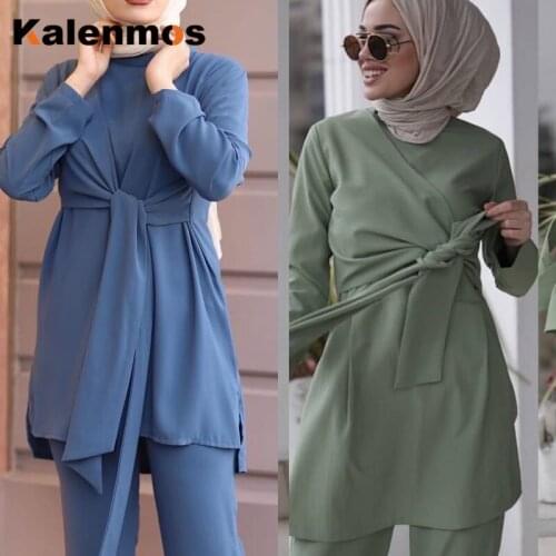 Eid Two Piece Muslim Sets Women Abaya Turkey Hijab Dress Caftan Moroccan Kaftan Islam Clothing Abayas Musulman Ensembles Ramadan