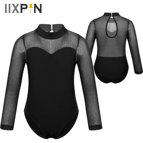 Gymnastics Leotard for Girls Kids ballet Dance costume Shiny Tulle Long Sleeves Mock Neck Sweetheart Chest Keyhole Back Jumpsuit