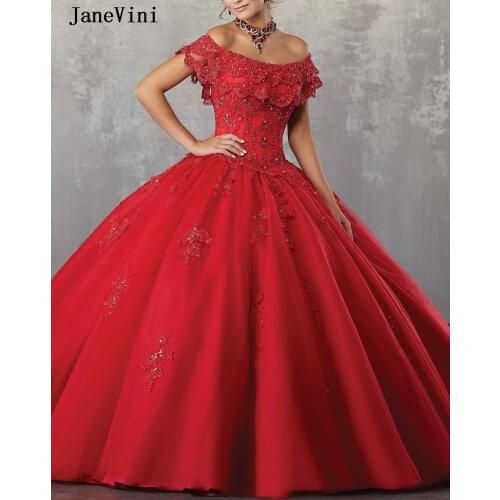 JaneVini Charming Red Long Quinceanera Dresses Ball Gown Off Shoulder Lace Appliques Beaded Puffy Tulle Girls Sweet 15 Dresses