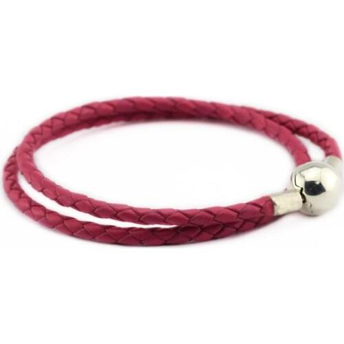 Red Round Clasp Leather Bracelets 100% 925 Authentic Sterling Silver Fine Jewelry Free Shipping