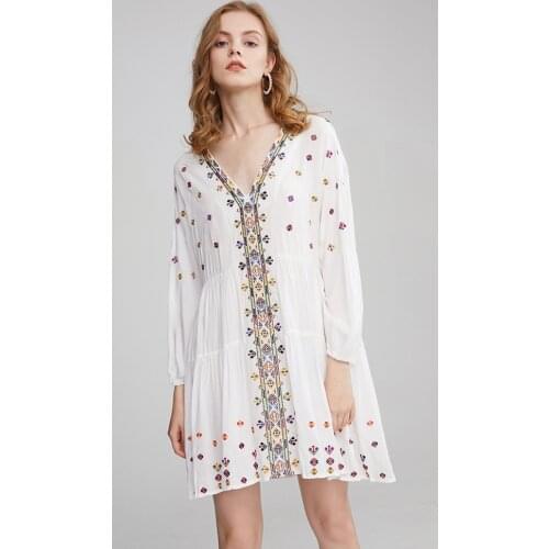 Summer new ethnic style travel holiday Bohemia dress embroidered V-neck loose mini dress doll dress
