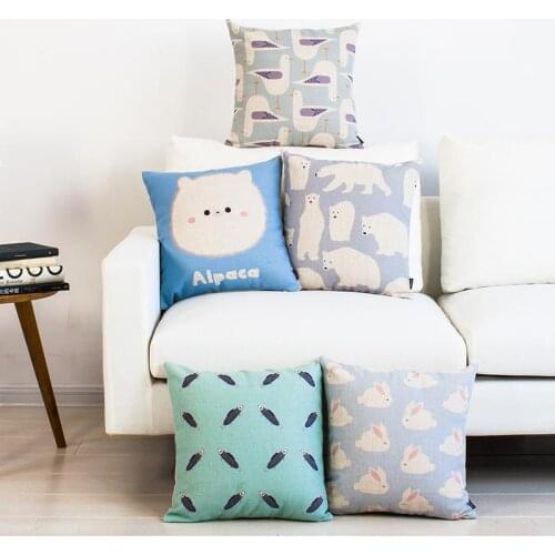 Linen Cushion Cover Throw decorative cushion cover 45cm*45cm Pillow Case Light Blue Alpaca Polar Bear Pigeon Fish Bunny
