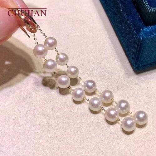 CHUHAN New 2021 Real 18k gold Drop Earrings High quality Natural freshwater pearl tassel Style Fine jewelry for woman Gifts
