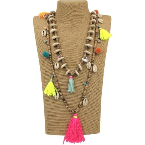 New Bohemia Boho ball charm beaded Necklaces Pink tassel pendants layered long necklace Multi Layers statement Necklaces