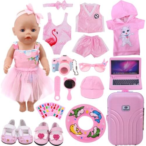 Doll Clothes Pink Skirt Flamingo Bkini,Bunny Hairpin,Shoes For 18Inch American Toy&43cm Born Baby Doll Accessories Birthday Gift