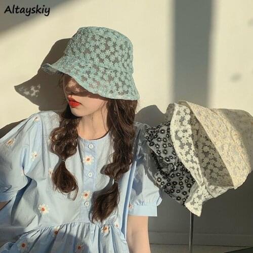 Bucket Hats Women Elegant Summer Holiday Ulzzang New Ins Sun Protection Female Travel Print Design Hollow Out Casual Lovely Girl