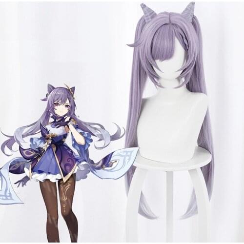 Genshin Impact Keqing Wig Lovely Gradient Purple Gray Twin-tail Horn Wigs Halloween Cosplay Props