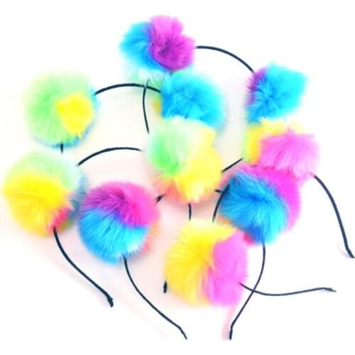 Adult Child Cloth Wrapped Stretchy Headband Cute Panda Ears Hair Hoop Dual Big Bright Colorful Fluffy Pompom Ball Photo Props He