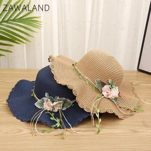 Zawaland 2021 Floral Straw Beach Hats Sun Protection Travel Decoration Caps Women Wave Brim Hat Female Cap Head Wear Accessories