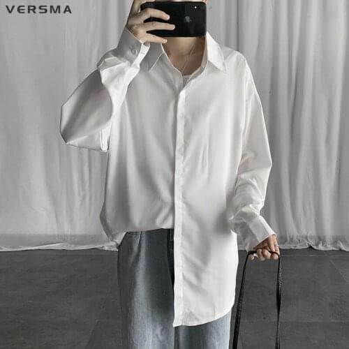 VERSMA Korean Fashion White Chiffon Blouse Shirt Men Women Spring Green Vintage Top Long Sleeve Shirt Men Plus Size Dropshipping
