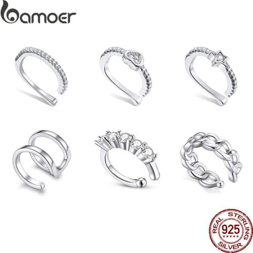 Bamoer 1 Pcs 100% 925 Sterling Silver Simple Ear Clip Whilte Shiny Zircon Birthday Present for Girlfriend Fine Jewelry SCE1022