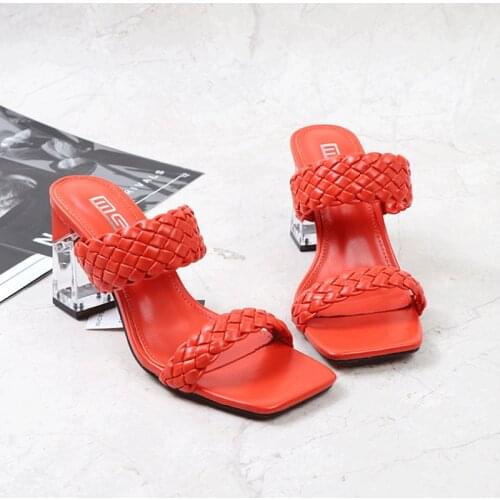 Summer Hand Weave Women Square Heel Sandal 2021 Fashion Gladiator Thick High Heels Outdoor Slides Ladies Sandals Casual Shoes