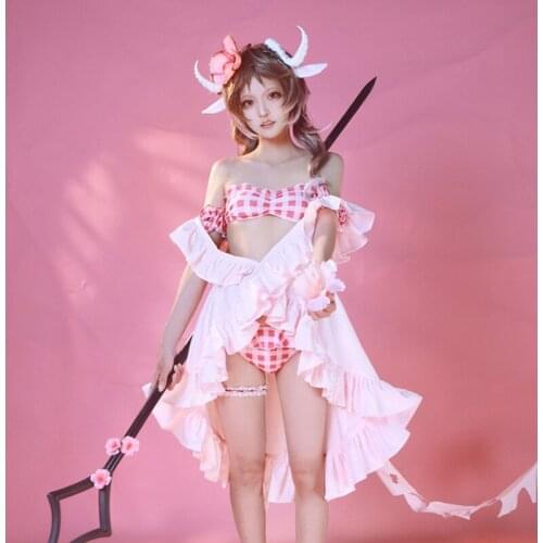 The Game Arknights cos エイヤフィヤトラ Eyjafjalla Transparent pink Bikini Lamb swimsuit Womens Summer Swimwear Cosplay Costume