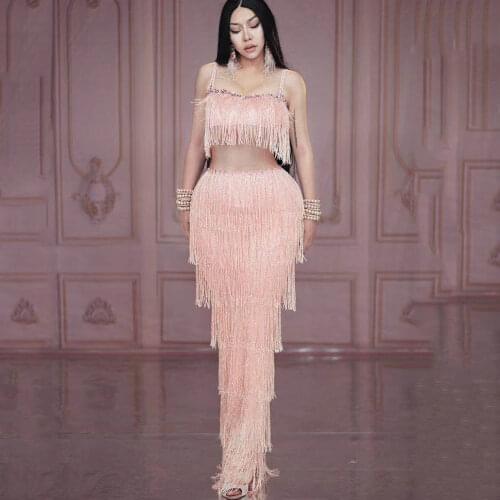 Shining Pink Diamonds Sleeveless Halter Long Dresses Mesh Perspective Crystal Fringes Women Dresses DJ Singer Dance Stage Wear