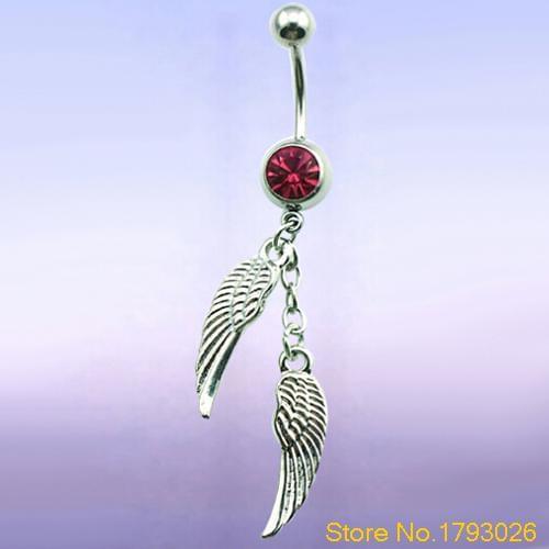 Girls Wing Dangle Navel Belly Crystal Button Bar Feathers Barbell Ring Body Piercing 4TKW