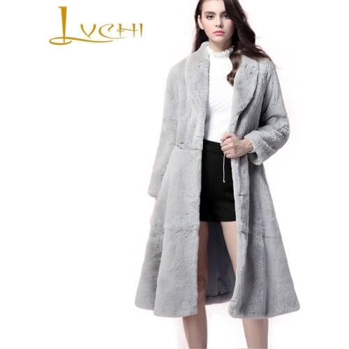 LVCHI Winter 2019 Real Natural Rex Rabbit Fur Coat 7 Color Womens V-Neck Long Sleeve Medium Causal Rex Rabbit Fur Slim Coats