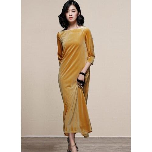 See Orange Spring Vintage Women Dress Solid Long Sleeve Elegant Velvet Dress Party Dresses Vestido Lady Slash Neck Mid Dress