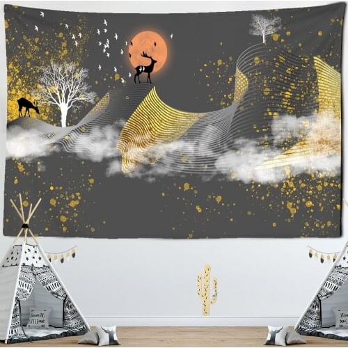 Gold Mountain Deer Natural Scenery Simplicity Gold Mountain Deer Natural Scenery Moon Forest Tapestry Wall Hanging Hippie