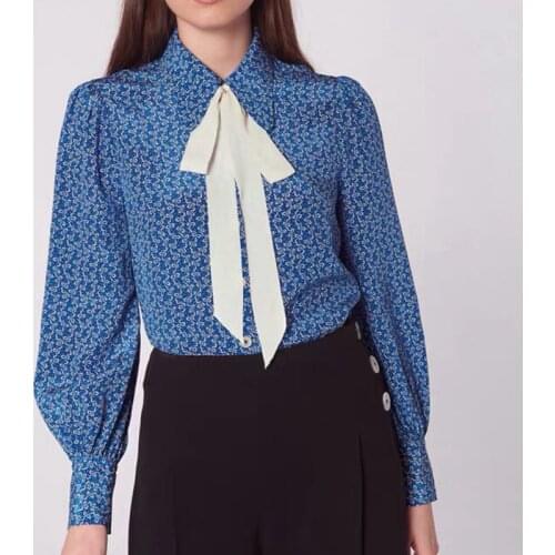 100% Silk 2021 Spring and Summer New Long-sleeved Single-breasted Bowknot Ribbon Lantern Long-sleeved All-match Printed Shirt