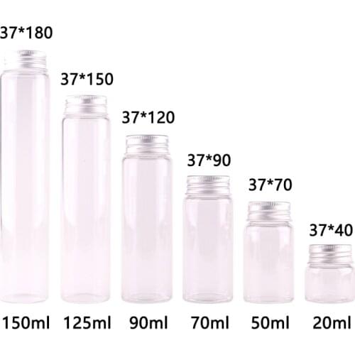 15pcs Dia 37mm 20ml/50ml/70ml/90ml/125ml/150ml Transparent Glass Spice Bottles Candy Jar Terrarium with Screw Aluminum Lid Craft