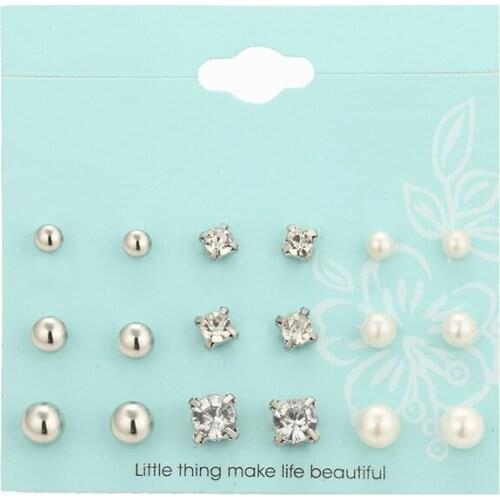 9 Pairs lot set Brincos Mixed Stud Earrings For Women Crystal Ear Studs Fashion Simulated Pearl Jewelry Wholesale Fashion