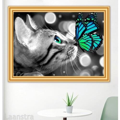 Diamond Painting Cat Butterfly Cross Stitch Kit Full Drill Embroidery Mosaic Art Picture of Rhinestones Home Decoration