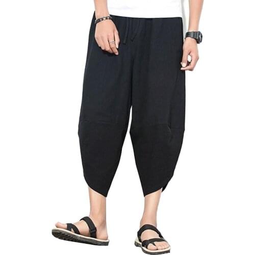 Plus Size Men Solid Color Capri Pants Drawstring Oversize Samurai Trousers
