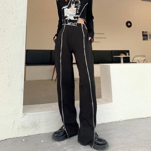 Zipper Wide Leg Pants Womens Versatile Loose Black Autumn Winter High Waist Straight Casual Trousers Womens Loose Pants Black