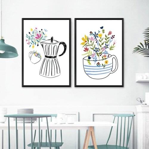 Coffee Machine and Coffee Cup Canvas Painting Kitchen Wall Decor Hand Drawing Illustration Prints Nordic Posters Decoration