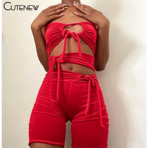 Cutenew Sexy Hollow Out Breast Wrap Sleeveless Bandage Women Romper Summer Solid Red Lace One Piece Outfit Skinny Lady Playsuits