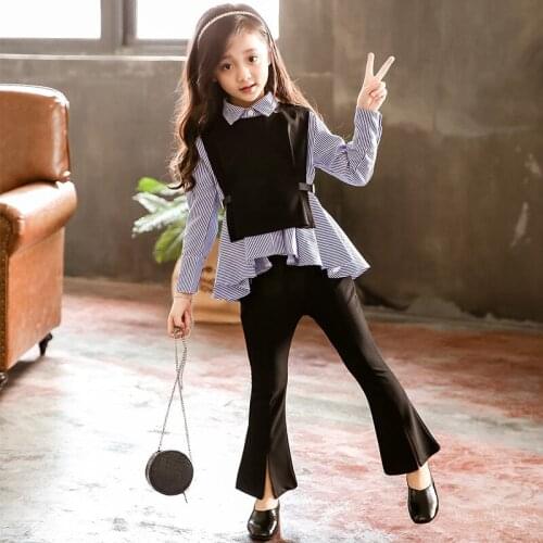 Flares Spring Autumn Baby Girls Suit Blouse +Vest+Pants 3pcs Kids Teenage Outwear Children Clothing High Quality
