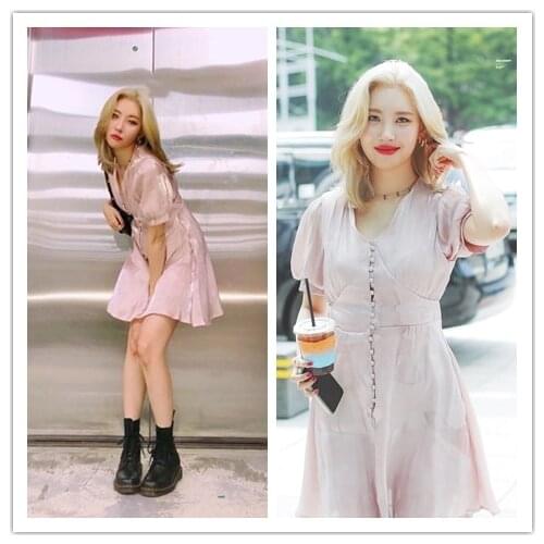 Kpop Korean Celebrity Girls Style High Waist Slim V-neck Mini Dress Women Streetwear Fashion Short-Sleeved Smooth Satin Dresses