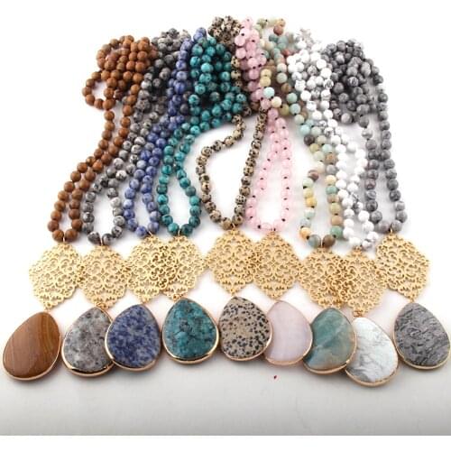 Fashion Bohemian Jewelry Long Knotted Metall Grid Link Stone Drop Pendant Necklaces For Women Necklace